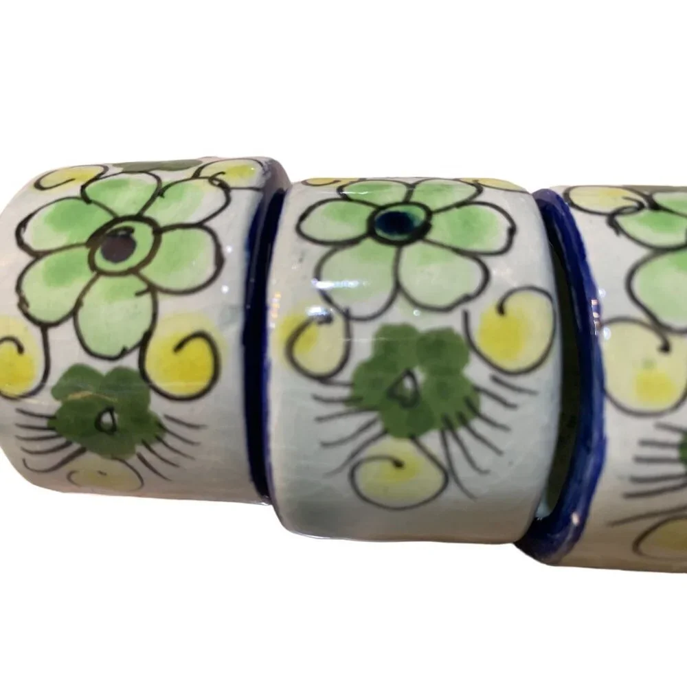 Set of 4 Made in Mexico Tonala Green Floral Hand Painted Napkin Rings